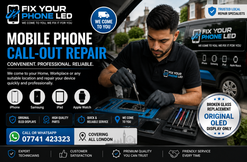 Mobile phone call-out repair in London for iPhone, Samsung, iPad and Apple Watch. Broken glass and original OLED screen replacement at your location.